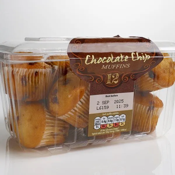 This image is of a CIJ date codes on a Vacuum Formed Muffin Box.